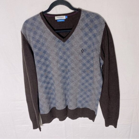 Burlington Brown Blue Tan Extra Fine Lambswool V Neck Pullover Light Sweater XL - Picture 1 of 12